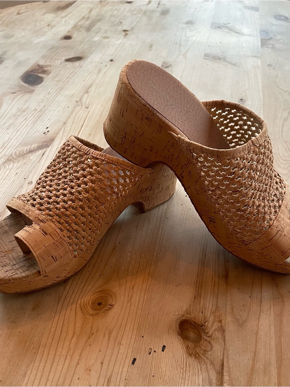 Baretraps Woven Cork Platform Mule Sandals Tan Open Toe Comfort Wedges